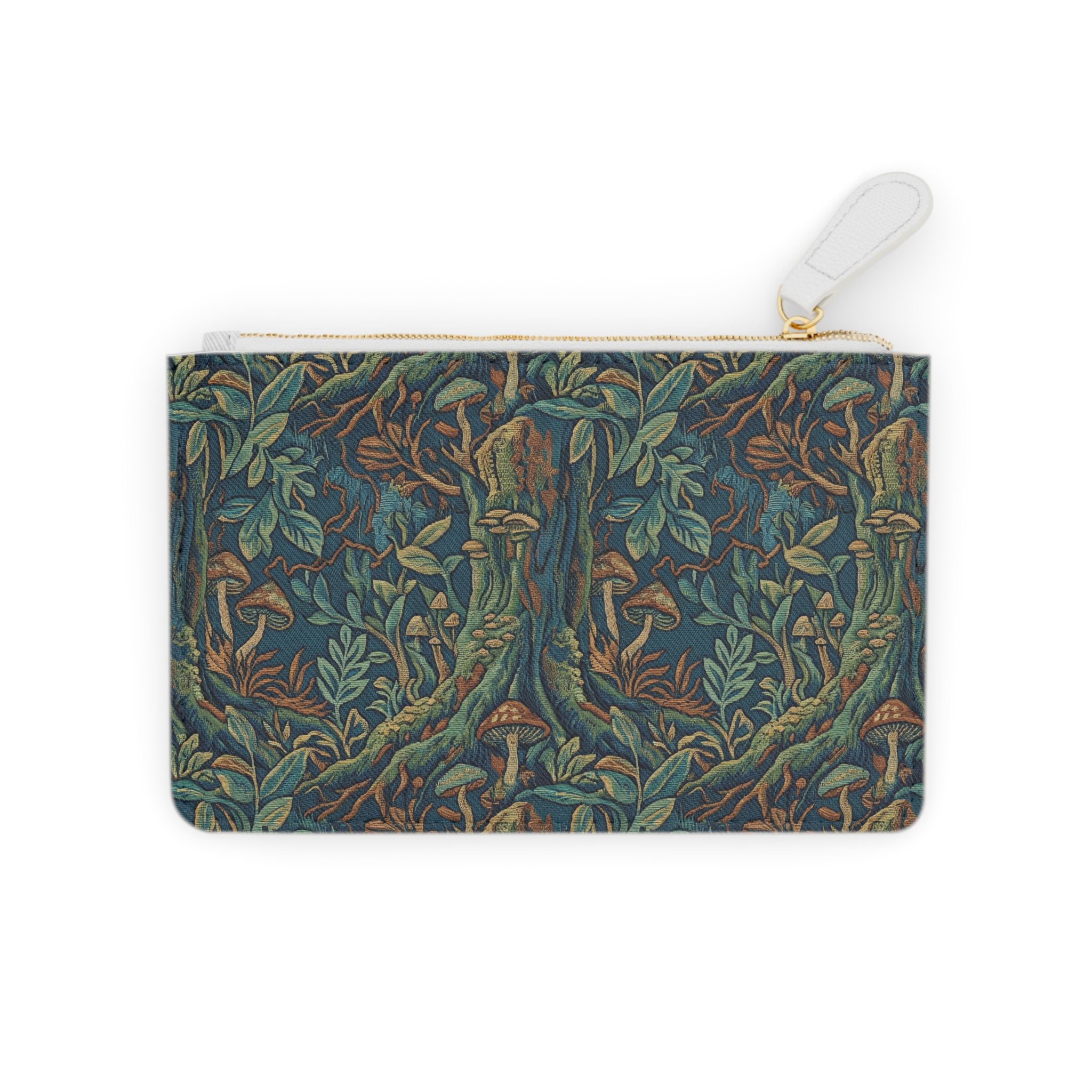 Woodland Mushrooms Mini Clutch — Vintage Forest Pattern Zip Pouch